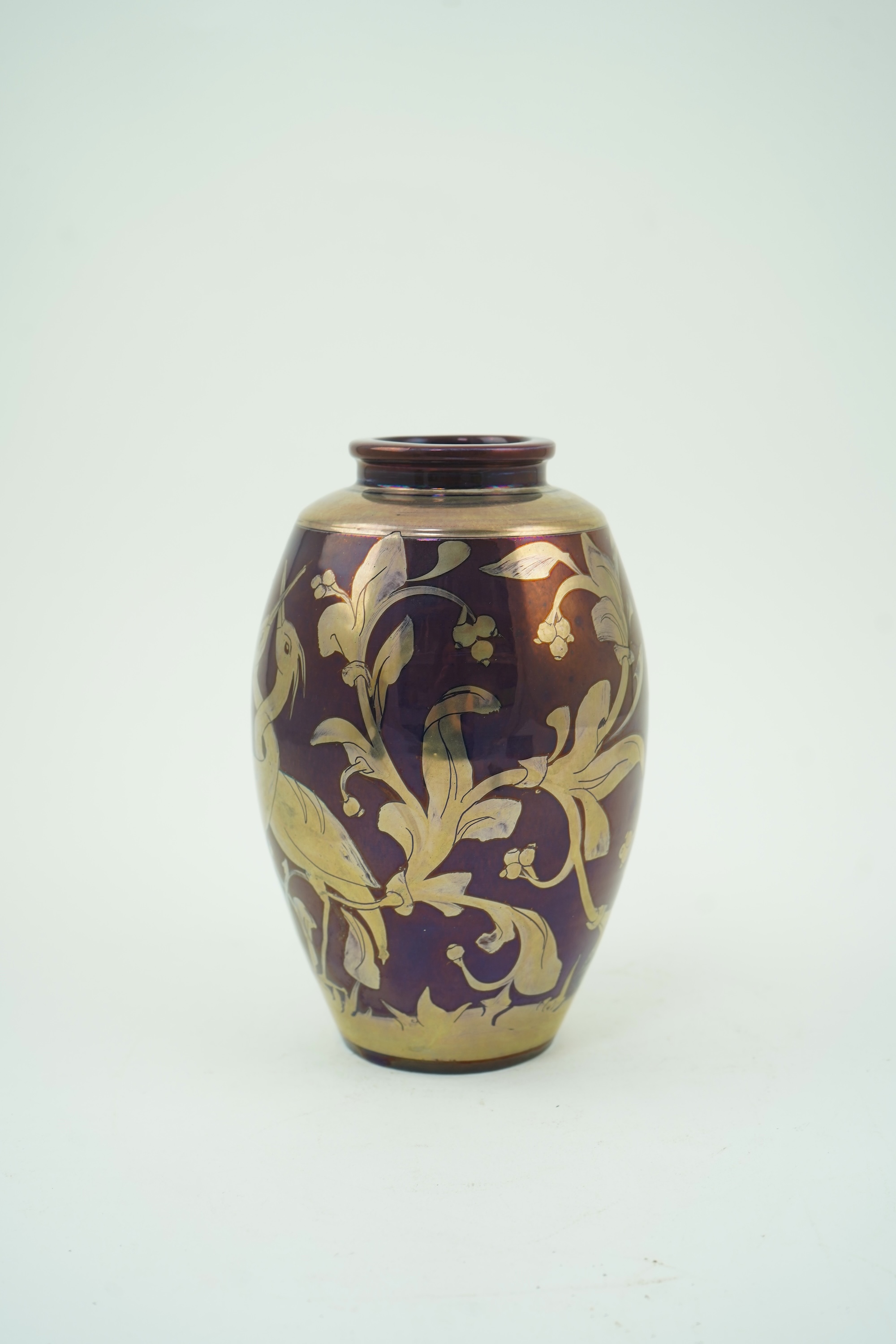 Jonathan Chiswell-Jones (b.1944): A silver and purple lustre pottery vase